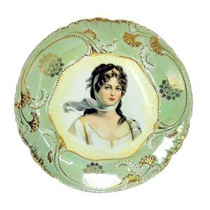 Antique Queen Louise Prussia Porcelain Green Luster Gold Moriage Portrait Plate